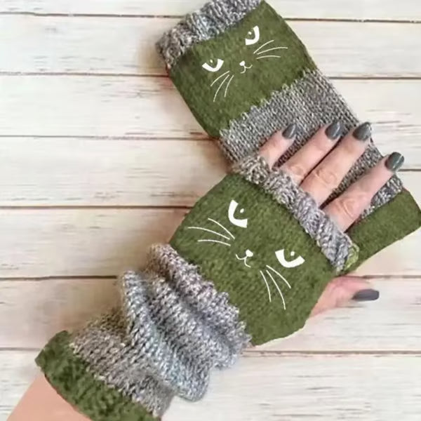 🔥Winter Hot Sale🎁Cat Knitted Embroidery Fingerless Gloves - Cosy, Stylish, Casual Winter Wear